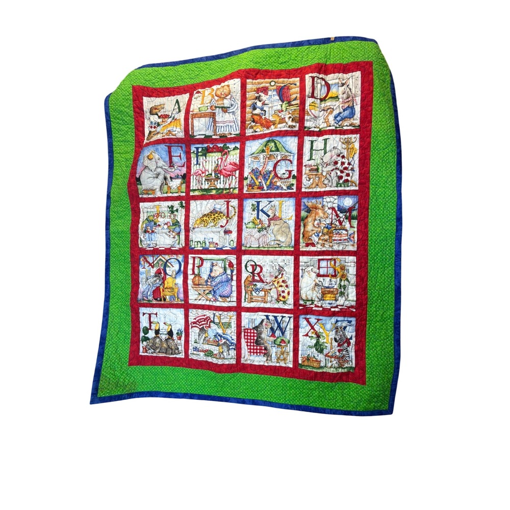 Vintage Animal Alphabet Baby Quilt Handmade Nursery Blanket Red Green Blue 48x41